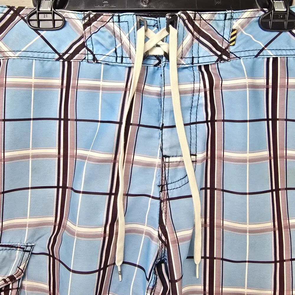Vintage Billabong Board Shorts Mens 33 (Fits 34) Blue Plaid Skate Surf Swim Y2K